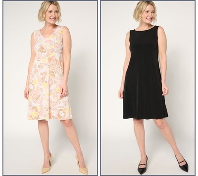 Susan Graver Regular Liquid Knit Set of 2 Print & Solid Dresses Mosaic/Black M N
