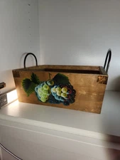 Vintage Handpainted Primitive Wood Basket W/Grape Motif Metal Handle