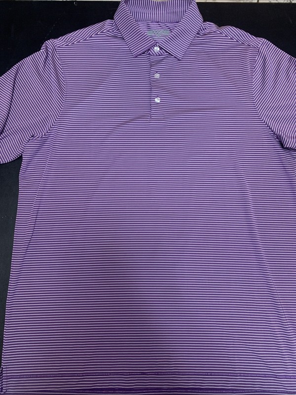 Levelwear Mens Short Sleeve Golf Polo Size L Purple w/ White Stripes Gently Used