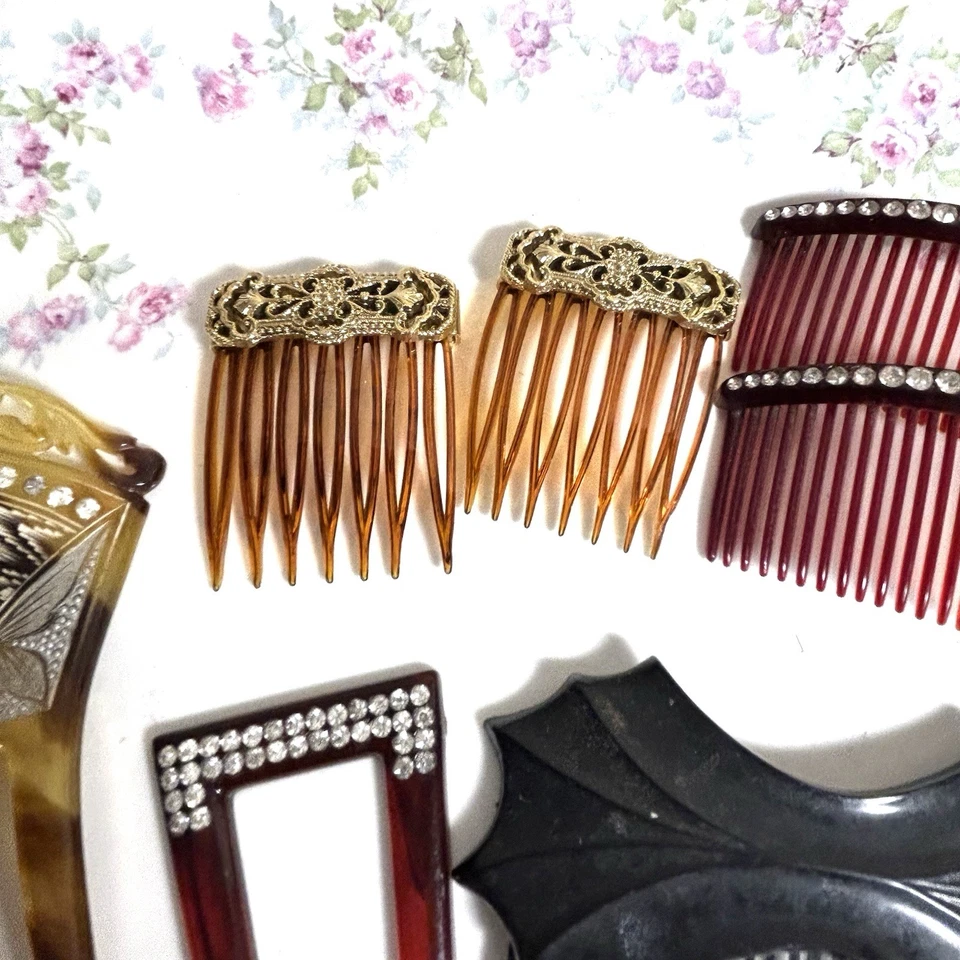 Lot Vintage Hair Combs 7pc Celluloid Style Deco Gothic Rhinestone - Image 3 of 4