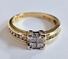18ct Yellow Gold Ring Diamond Princess Cluster Channel Shoulder Size K 1/2 750