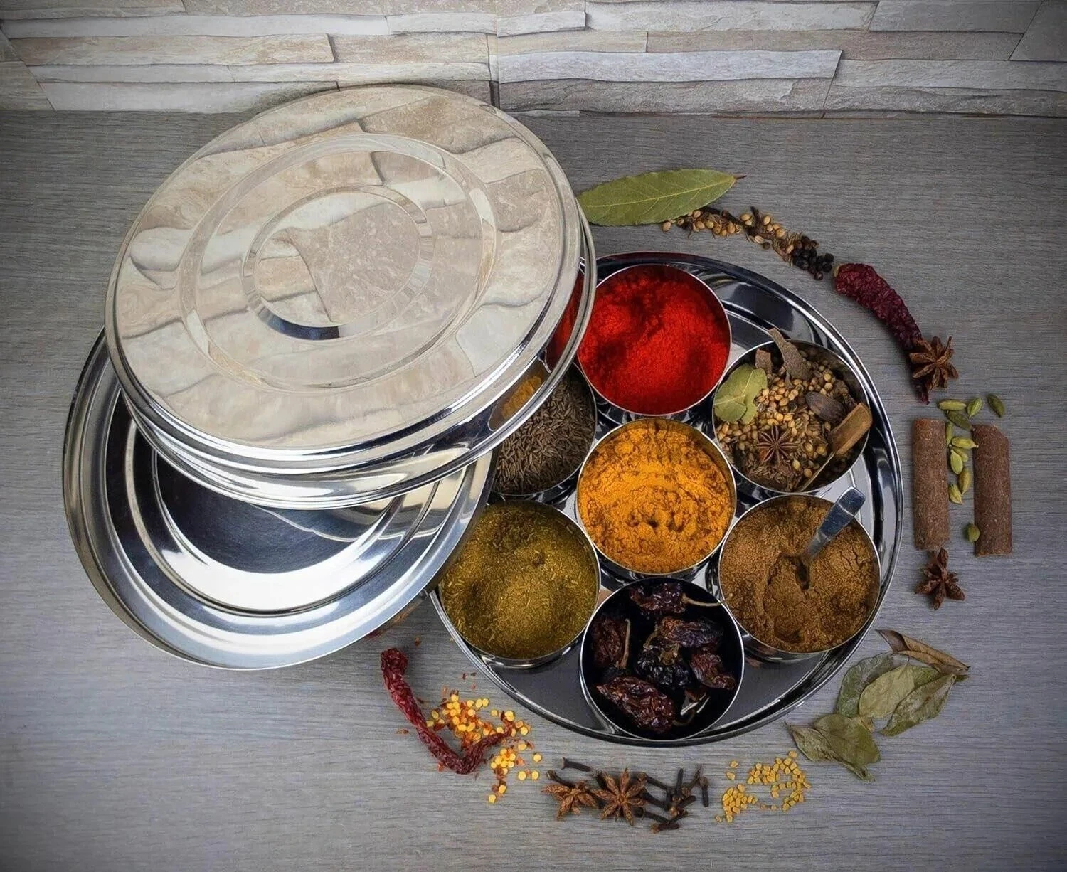 Authentic Indian Spice Tin Stainless Steel 7 Spices Box Masala Dabba Storage