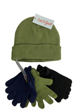 Cat  Jack Kids Green Beanie and 3-Pack Tech-Touch Gloves Green,Blue,Black OS