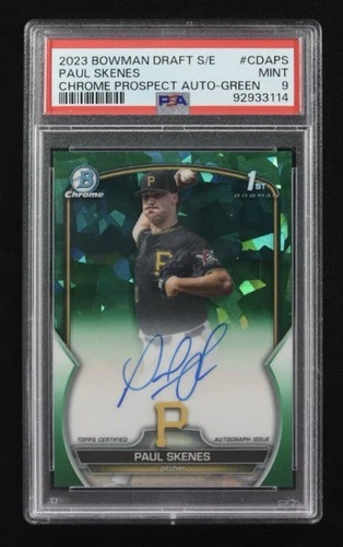 PAUL SKENES SIGNED 2023 BOWMAN DRAFT CHROME SAPPHIRE GREEN REFRACTOR /99 PSA 9