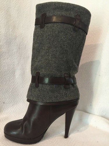Cole Haan Air Kennedy Brown Leather Gray Wool Felt High Heel Boots 5 B Casual - Picture 3 of 10