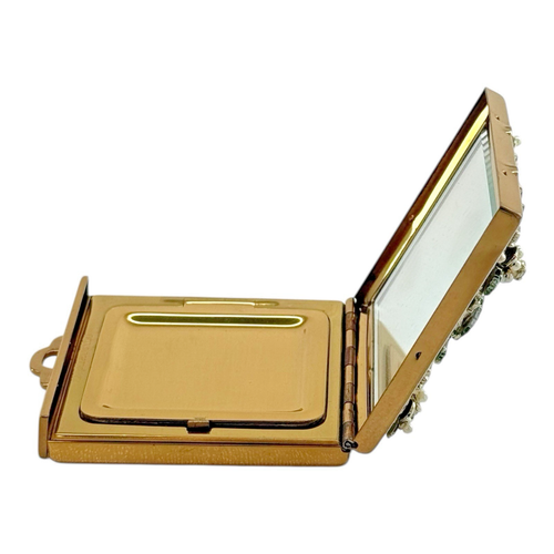 1930s Kolter Kopit Compact Floral Rhinestone Enamel Goldtone Unused Makeup USA - Picture 5 of 19