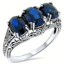 ANTIQUE STYLE 925 STERLING SILVER THREE-STONE LAB-CREATED SAPPHIRE RING     387X