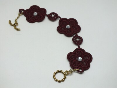 Beautiful Toggle Clasp Bracelet Gold Tone Burgundy Lace Clear Cabochons 7'' Long