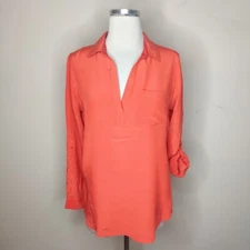 A Pea in the Pod Maternity Silk Blouse Size Small Orange Roll Tab Sleeves