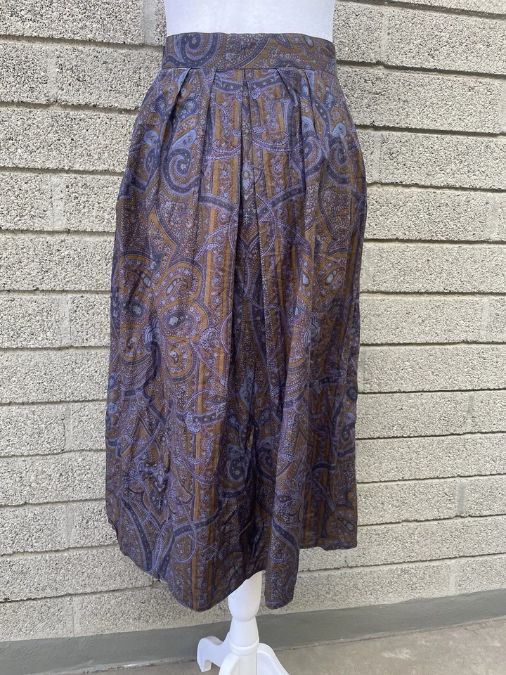 复古 Max Mara 意大利打褶紫色佩斯利 A 字中裙口袋复古职业 — 第 4/4 张图片