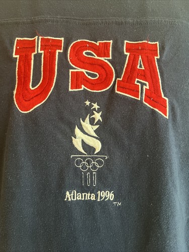 Vintage Atlanta 1996 Olympics T Shirt Youth Large 16-18 Blue Red Ringer Torch - Picture 2 of 12