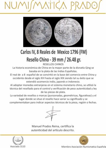Carlos IV, 8 Reales de Mexico 1796 (FM) Resello Chino - 39 mm / 26.48 gr. - Bild 3 von 3