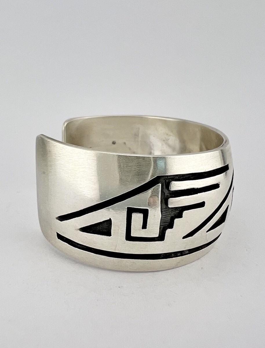 Vtg HOPI Sterling Silver Tribal Design Overlay Wide Cuff