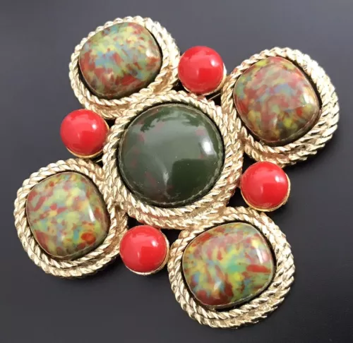 VTG Sarah Coventry Signed Large Mosaic Maltese Cross Brooch Pin Gold Tone. #1009