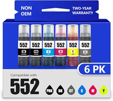 6PK T552 552 Ink Bottles for Epson ET-8500 ET-8550 BK/PBK/C/M/Y/GY