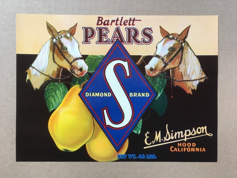 Vintage DIAMOND S BRAND Bartlett Pears Crate Label w/Horses E.M. Simpson Hood,CA