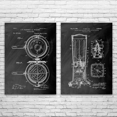 Kitchen Patent Wall Art Set of 2 Poster, Canvas or Framed Food Lover Gift