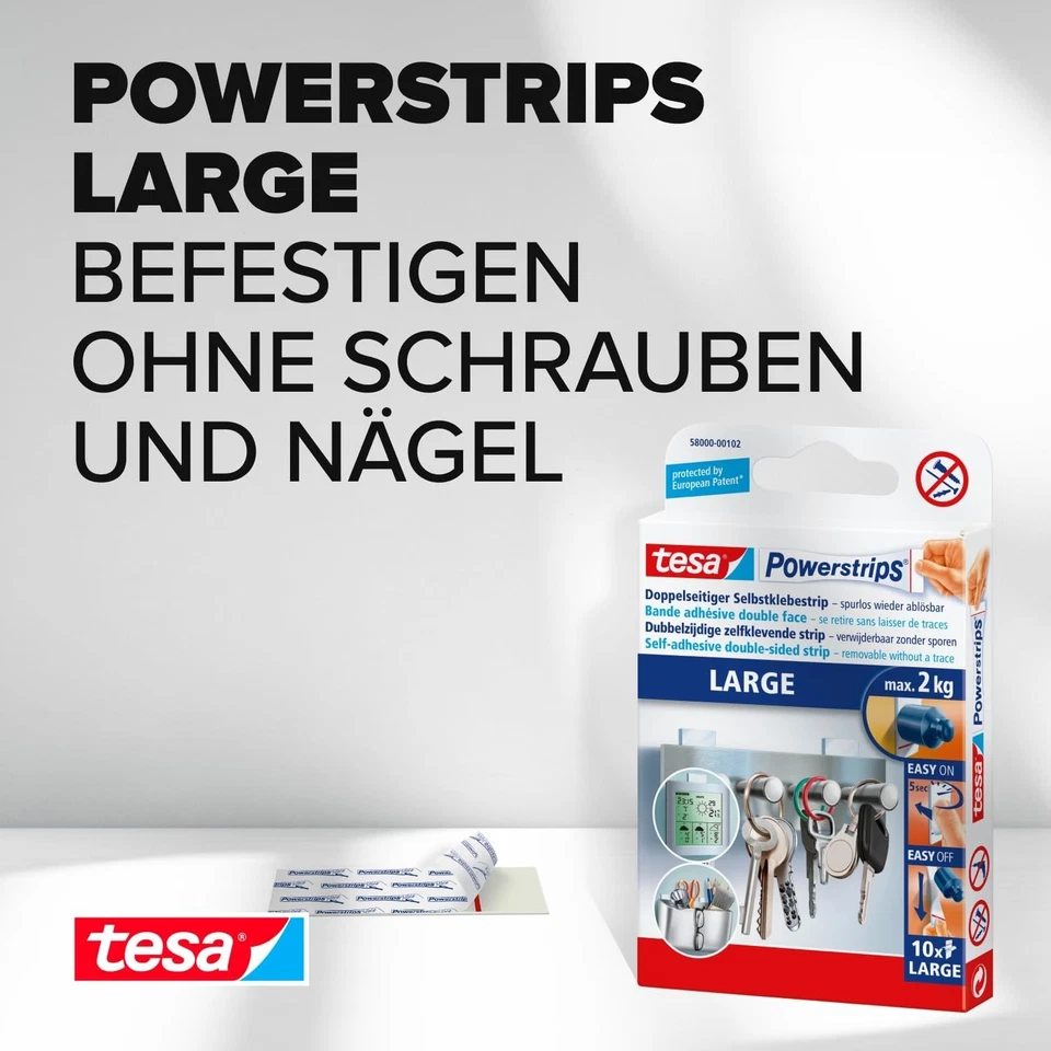 tesa Powerstrips Large Doppelseitige Klebestreifen Halteleistung 2kg 10Stk - Bild 2 von 4