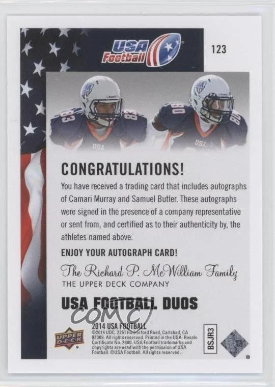 2014 Upper Deck USA Football Auto Camari Murray Samuel Butler #123 Auto - Image 2 of 2