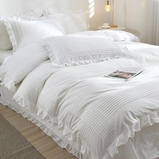 White Ruffle Duvet Cover Queen Size with Pintucks, 3 Pieces 100 Cotton Duvet