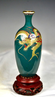 VERY FINE SILVER WIREJAPANESE MEIJI CLOISONNE DRAGON VASE 'ON TEAL GREEN GROUND