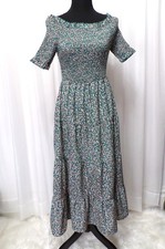 Dirass Green Floral Tiered Midi Dress Women's Medium Long Cottagecore Elastic