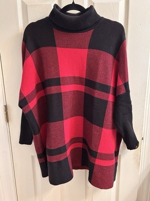 Keren Hart Women s Plaid Turtleneck Pullover Sweater Red Black M