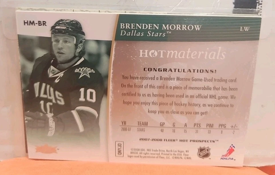 2007-08 Fleer Hot Prospects Brenden Morrow Hot Materials Game Used Jersey Relic - Image 2 of 2