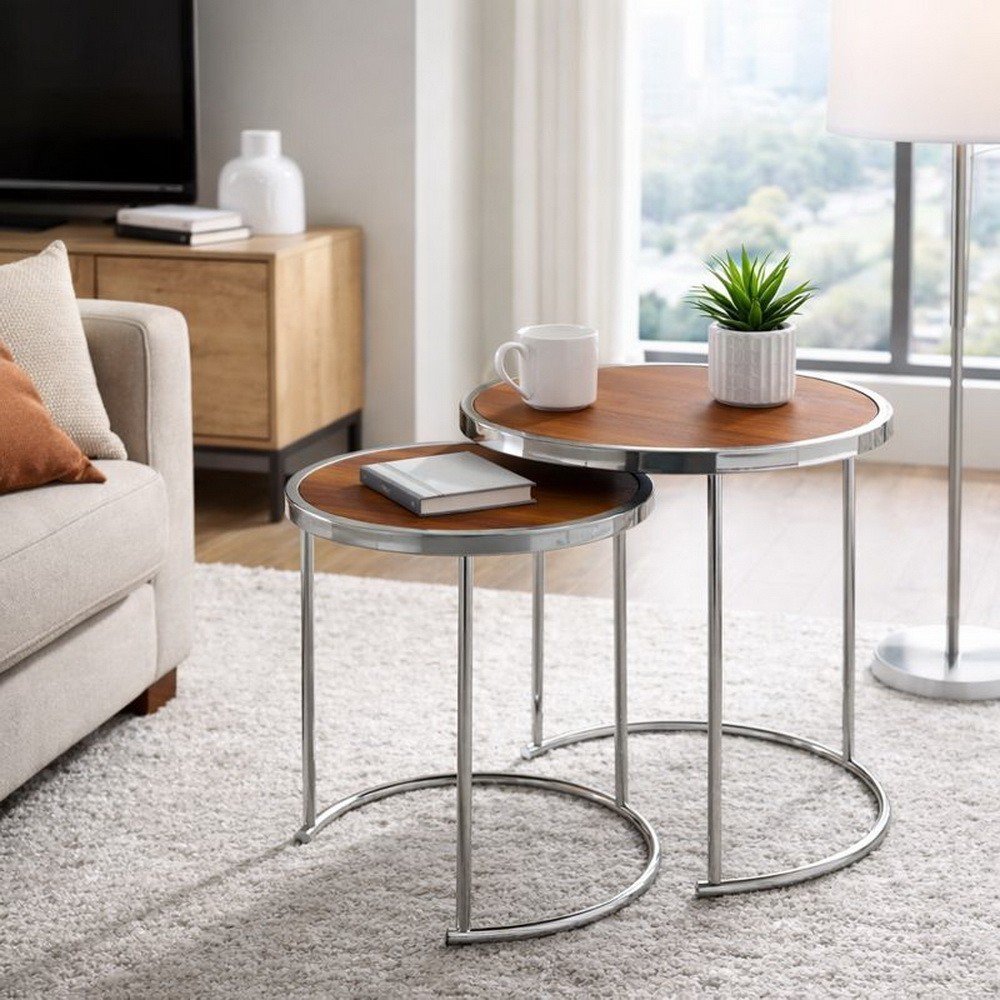 spot on dealz® Nest of 2 round chrome tables metal frame with white wooden Top effect side end modern console nesting bedside table living room furniture 31 Visio Set of 2 Round Nest Table, Walnut Effect Top,Chrome Base -GNT09WNT