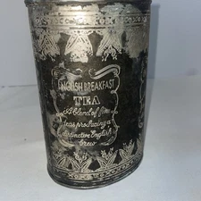 Vintage Silverplate Tin English-Breakfast Tea Oval 7” Tall Made In India -no lid