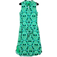 Ann Taylor Womens Dress Green Floral V Neck Belted Sleeveless Linen Blend Small 
