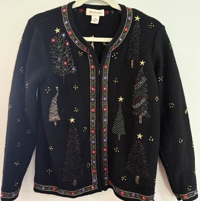 BECHAMEL Black Christmas Tree Embroidered zip Front Cardigan Sweater Sz Medium