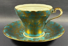 Aynsley England Aqua Turquoise Gold Floral Flourishes Cup and Saucer Set