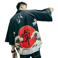 Hommes Yukata Kimono Veste Cardigan 3/4 Manche Pull Haut Asie Rétro Décontracté