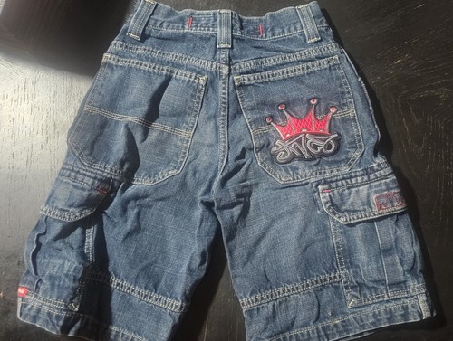 JNCO Kid's Vintage 90s Y2K Embroidered Blue Jean Shorts Size 8 Tribals Red Crown - Picture 6 of 9