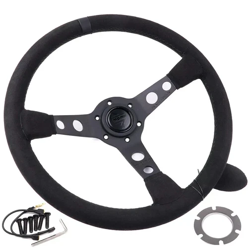 Stock 350mm/14inch MOMO MOD07 BLACK Deep Dish Suede Leather Steering Wheel - Picture 7 of 8