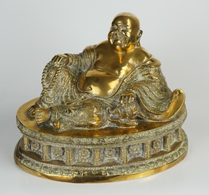 LARGE Antique Chinese Bronze Figure of Budai Buddha on Dais 19th/ 20th Century