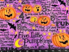 Tina SCRAP 9"x21" 5 little Pumpkins Halloween Jack O Lantern Bat Fabric Cotton