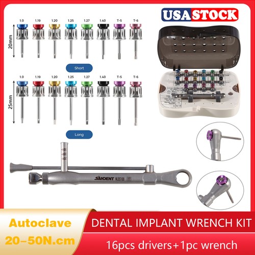 Dental Implant Torque Wrench Kit - Universal With Contra Angle & 16 Drivers, Torque Range 5-35 Ncm