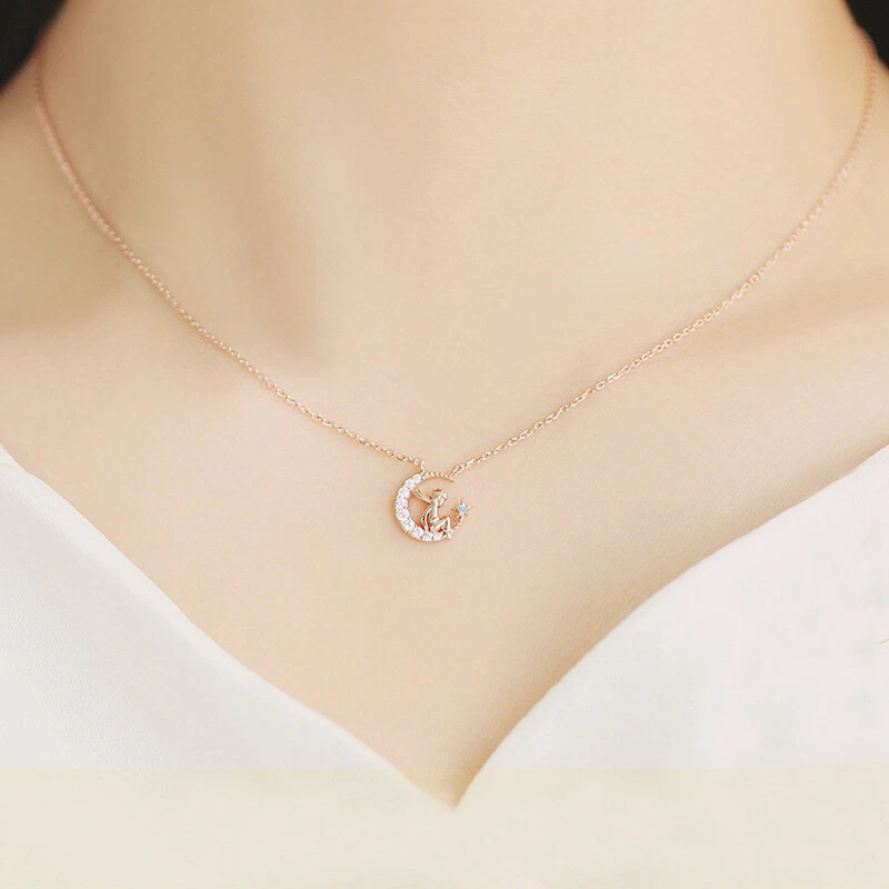 925 Placcato Argento Luna Stella Principessa Ragazzo Goccia Catena Lunga Perle - Immagine 4 di 4