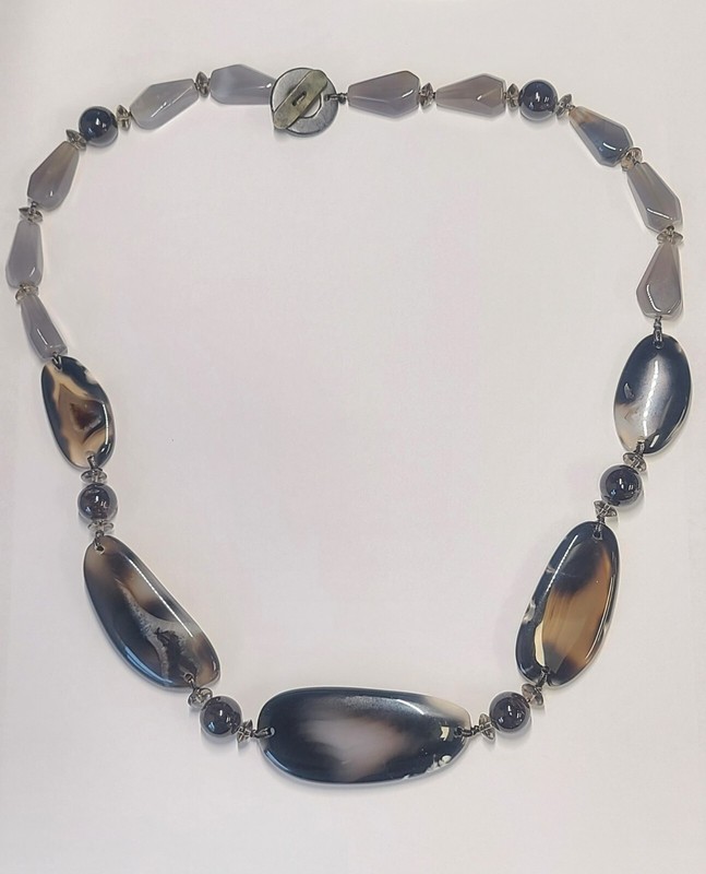 Chunkey Agate & Smokey Quartz Necklace 27 '" w/ Jade Toggle Clasp #155