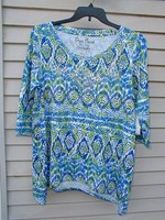 Onque Xl Womans Top Blue White Green Embellished Shirt Onque Xl Womans Top Blue White Green Embellished Shirt