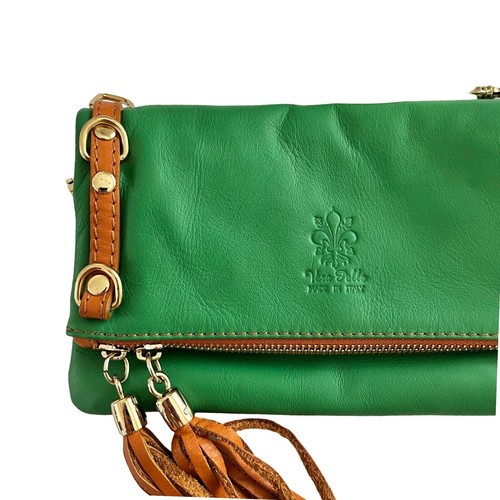 Vera Pelle Calfskin Leather Crossbody Bag Kelly Green Large Wristlet Italy - Picture 3 of 15