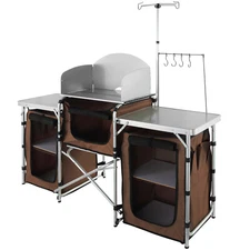 Camping Kitchen Table Folding Portable Cook Table 3 Cupboards Brown