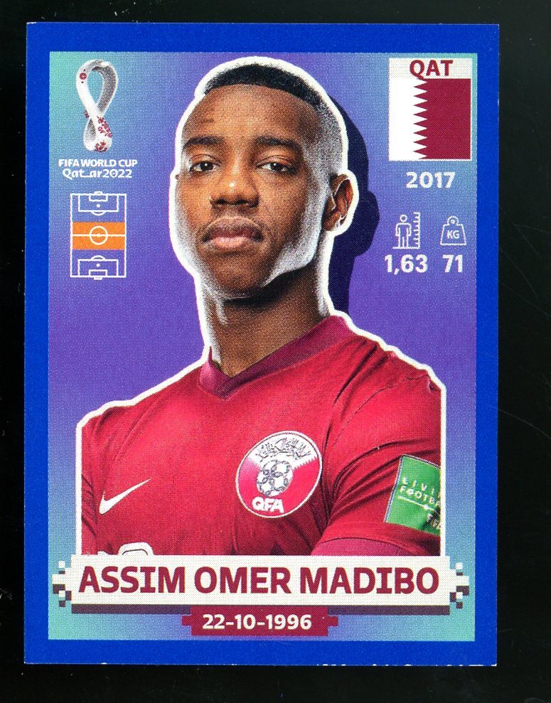 2022 Fifa World Cup Panini Sticker Blue Parallel ASSIM OMER MADIBO Qatar QAT14