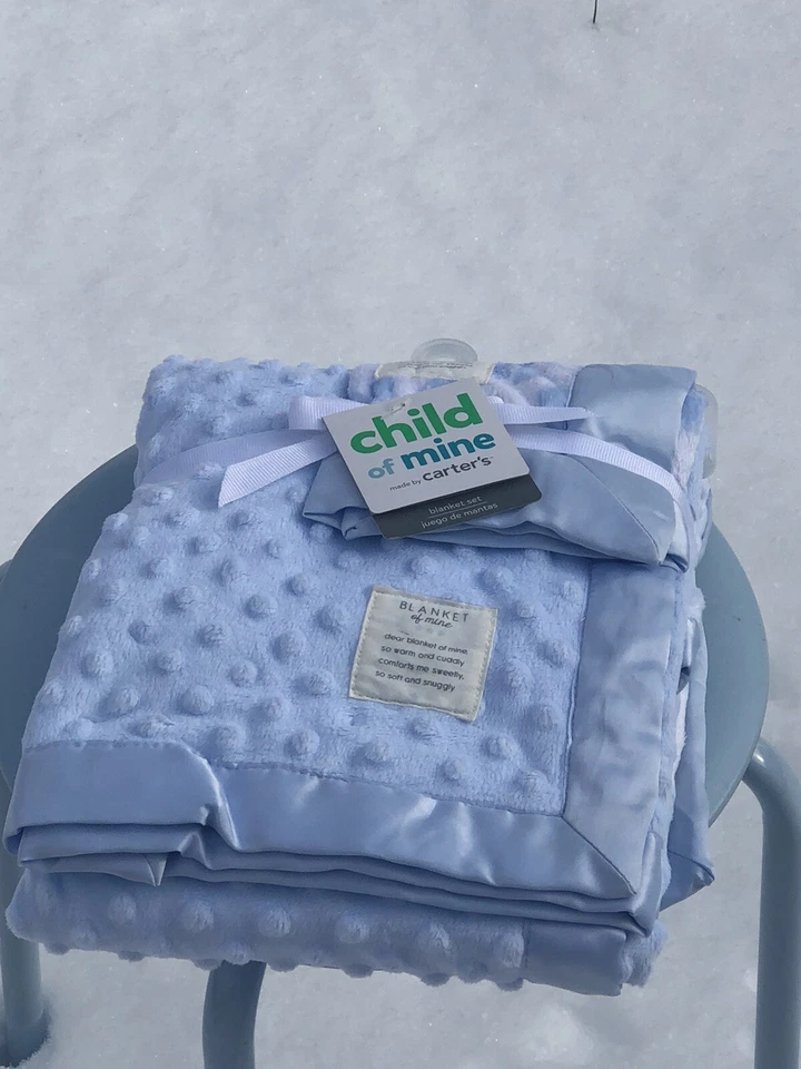 New Carter's Child Of Mine Puppy Dog Baby Blanket Lovey Set Satin Trim Blue Dots - Image 2 of 4