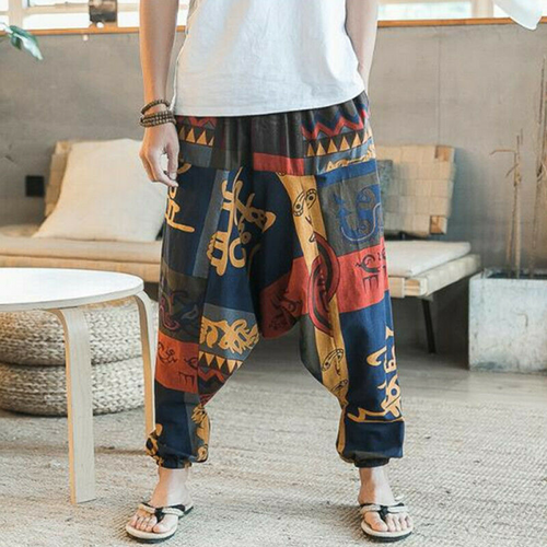 Men 100%Cotton Elastic Waist Long Pants Pirnted Baggy Loose Jogger Yoga Trousers - 第 5/36 張圖片