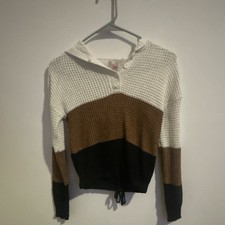 No Boundaries Girls Henley Colorblock Hooded Sweater S 3-5 White Brown Black