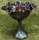 VTG Fenton Amethyst Carnival Glass Persian Medallion Compote Iridescent -6 1/4”H