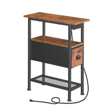 Narrow End Table with Charging Station, Slim Side Table with Fabric Drawer, S...